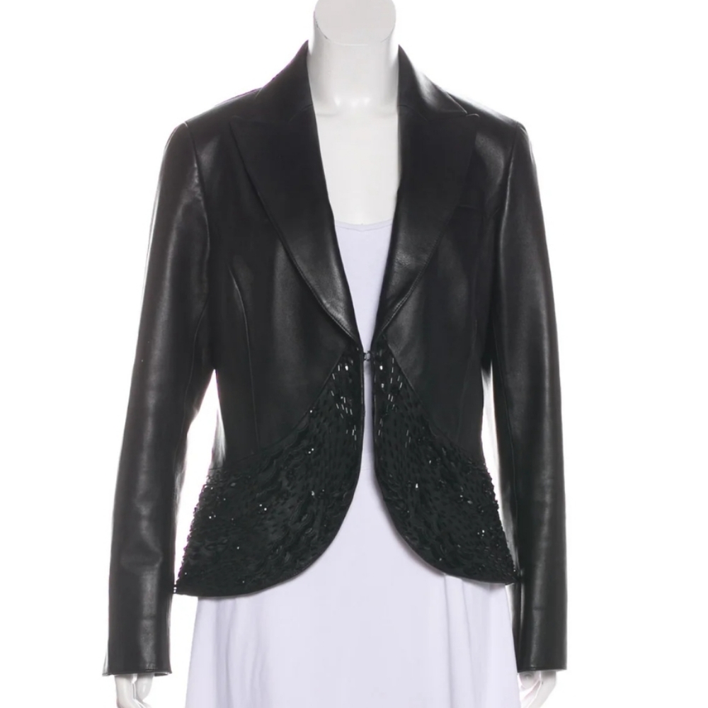 Lafayette 148 New York Black Leather Tailored Jacket with Embellished Hem